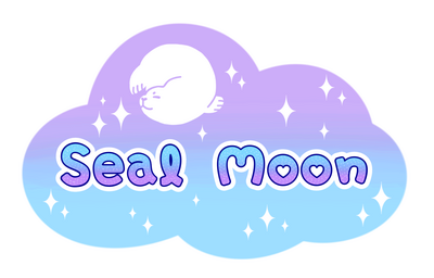 A store logo in the shape of a cloud. It has a white out line and is a has a gradient of purple fading into blue at the bottom. all over is white sparkles, or stars, and on the top of the cloud is a seal forming a circle with its body. in the center has te